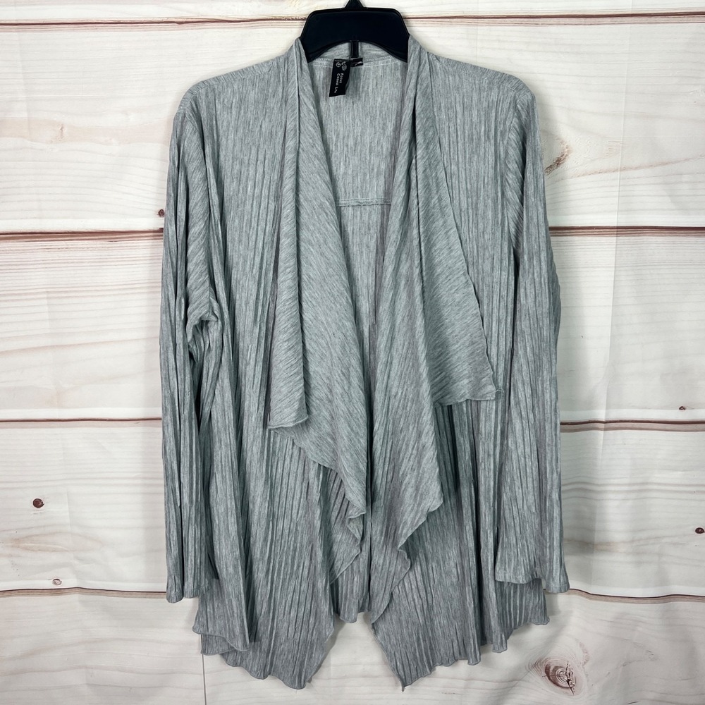 Focus Casual Life Cardigan Womens Large Gray Crinkle Waterfall Open Front Solid